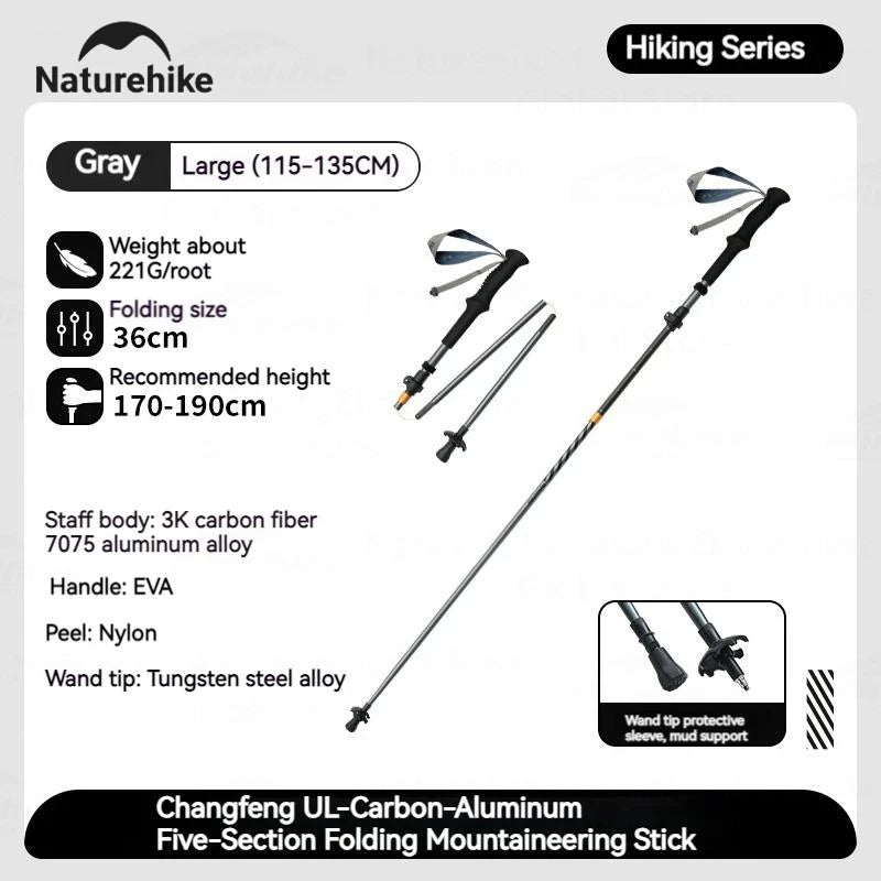 5-Section Trekking Pole Carbon Fiber Aluminum Alloy Folding Teleskopic Stick