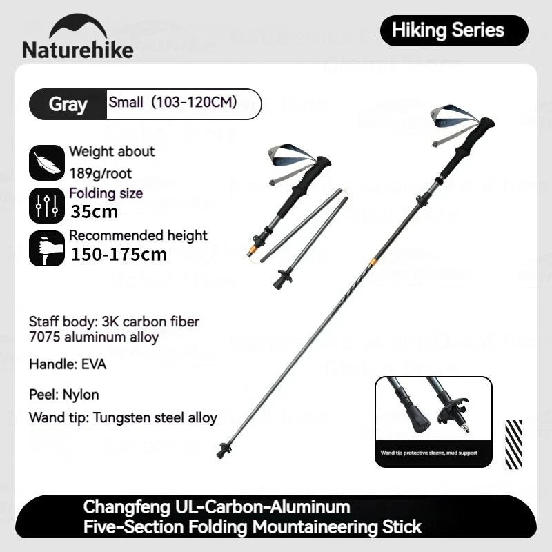 5-Section Trekking Pole Carbon Fiber Aluminum Alloy Folding Teleskopic Stick