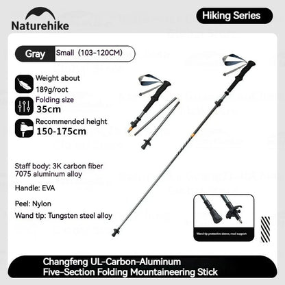 5-Section Trekking Pole Carbon Fiber Aluminum Alloy Folding Teleskopic Stick